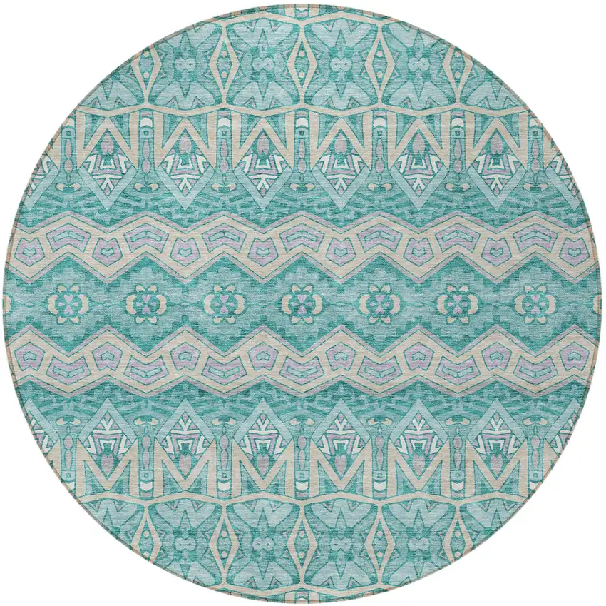 8' Teal Blue Purple And Gray Round Moroccan Washable Indoor Outdoor Area Rug Photo 5