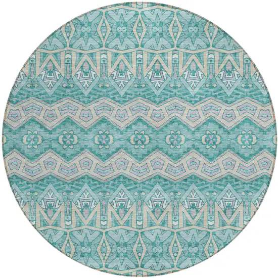 8' Teal Blue Purple And Gray Round Moroccan Washable Indoor Outdoor Area Rug Photo 2