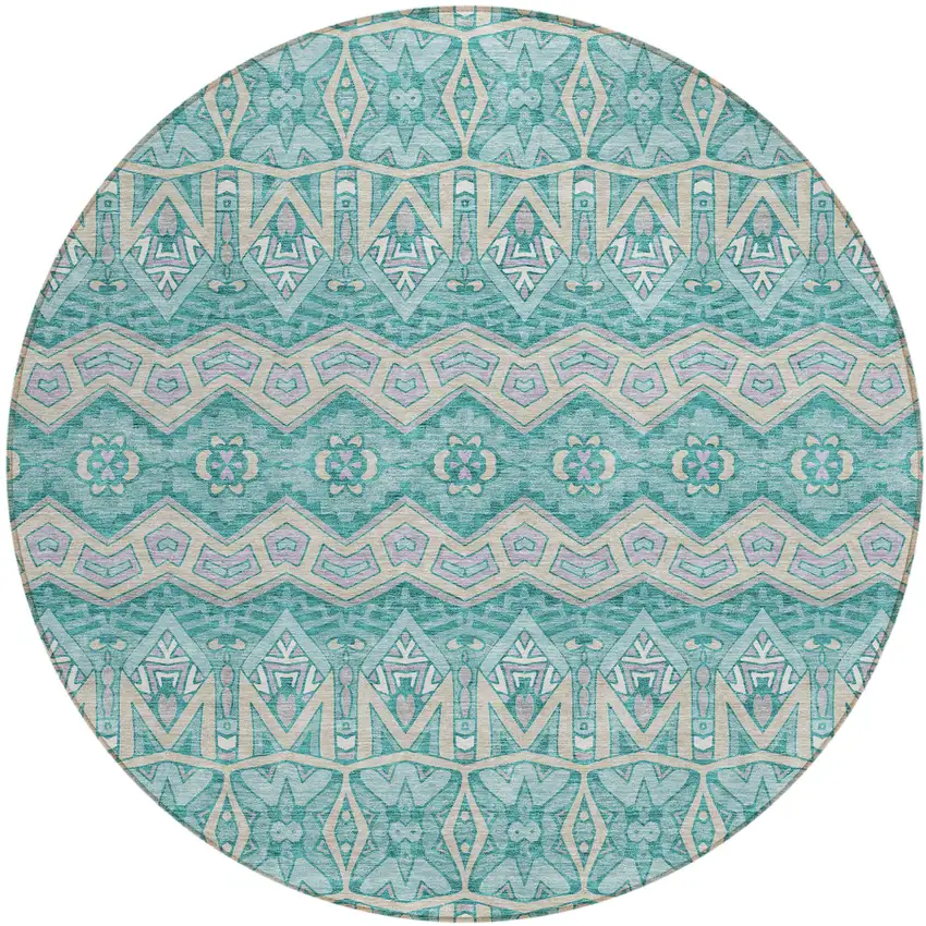 8' Teal Blue Purple And Gray Round Moroccan Washable Indoor Outdoor Area Rug Photo 2