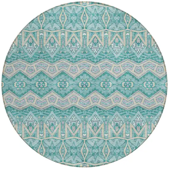 8' Teal Blue Purple And Gray Round Moroccan Washable Indoor Outdoor Area Rug Photo 4