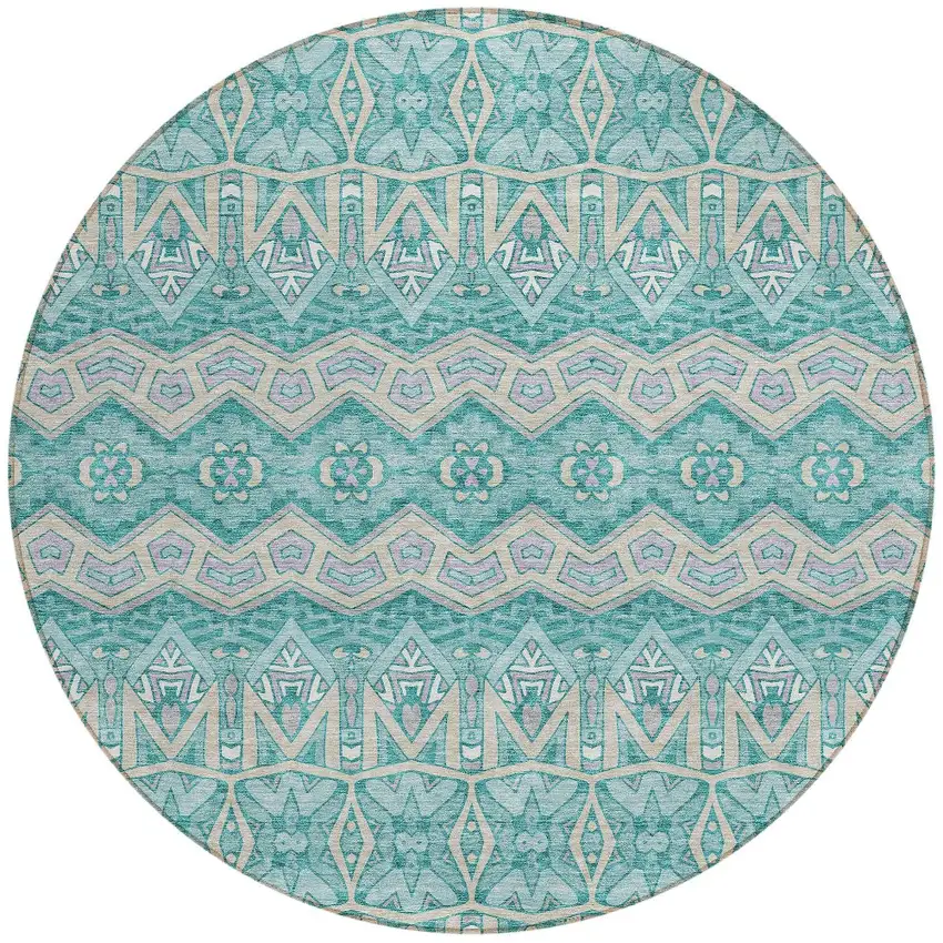 8' Teal Blue Purple And Gray Round Moroccan Washable Indoor Outdoor Area Rug Photo 4
