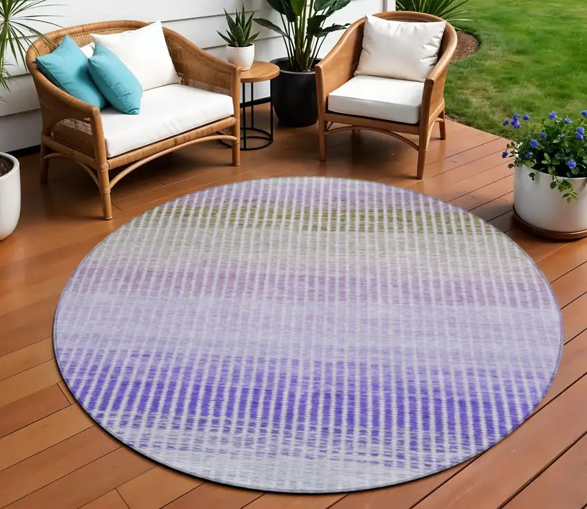 8' Teal Blue Purple And Gray Round Striped Washable Indoor Outdoor Area Rug Photo 1
