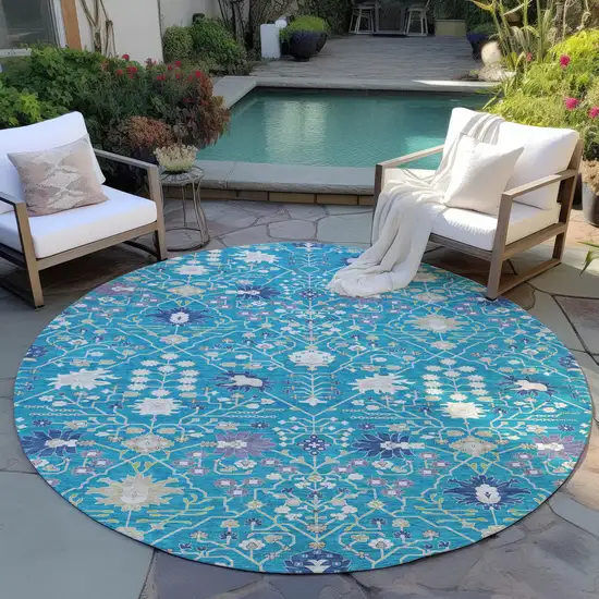 8' Teal Blue Purple And Ivory Round Oriental Washable Indoor Outdoor Area Rug Photo 6