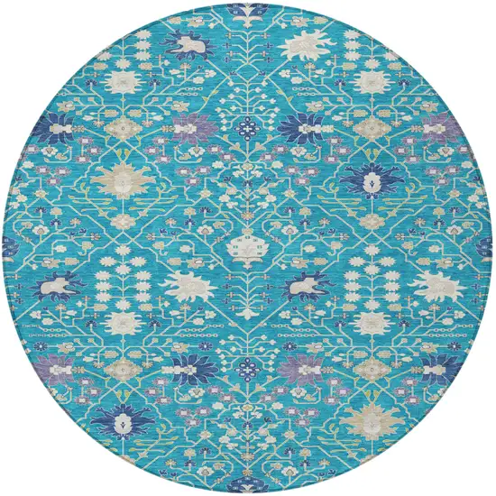 8' Teal Blue Purple And Ivory Round Oriental Washable Indoor Outdoor Area Rug Photo 5
