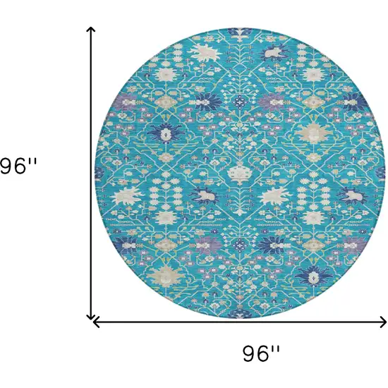 8' Teal Blue Purple And Ivory Round Oriental Washable Indoor Outdoor Area Rug Photo 3