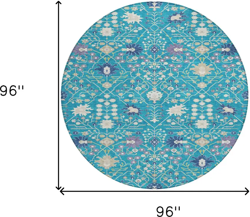 8' Teal Blue Purple And Ivory Round Oriental Washable Indoor Outdoor Area Rug Photo 3