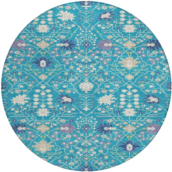 8' Teal Blue Purple And Ivory Round Oriental Washable Indoor Outdoor Area Rug Photo 2