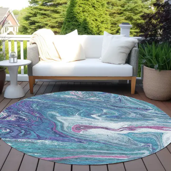 8' Teal Blue Purple And Pink Round Abstract Washable Indoor Outdoor Area Rug Photo 8