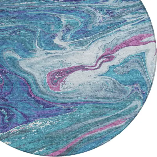 8' Teal Blue Purple And Pink Round Abstract Washable Indoor Outdoor Area Rug Photo 6