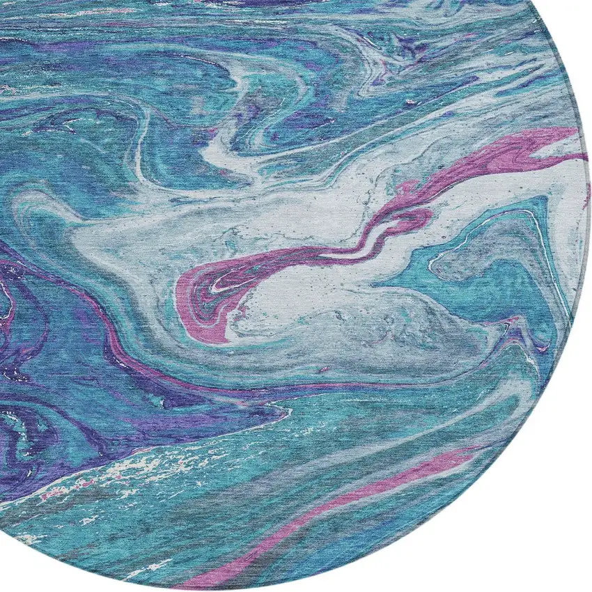 8' Teal Blue Purple And Pink Round Abstract Washable Indoor Outdoor Area Rug Photo 6