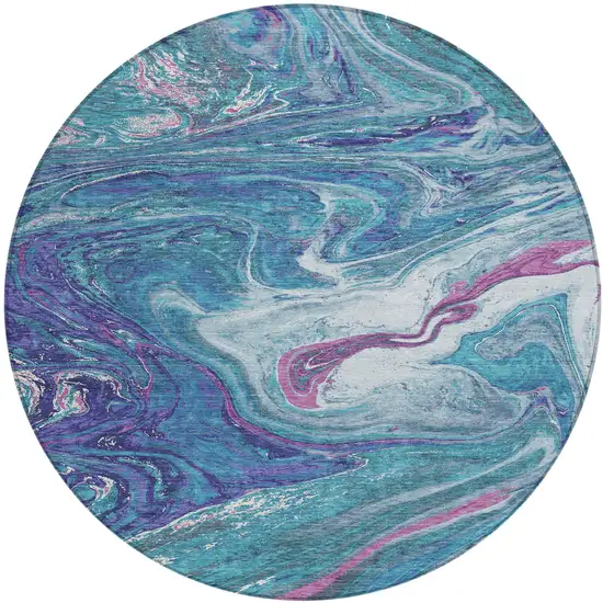 8' Teal Blue Purple And Pink Round Abstract Washable Indoor Outdoor Area Rug Photo 2