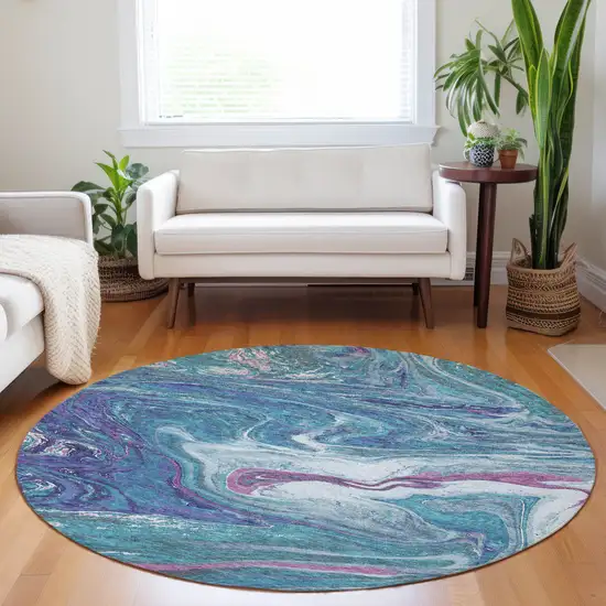 8' Teal Blue Purple And Pink Round Abstract Washable Indoor Outdoor Area Rug Photo 9
