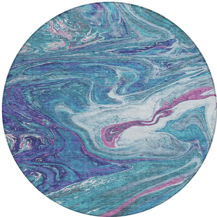 8' Teal Blue Purple And Pink Round Abstract Washable Indoor Outdoor Area Rug Photo 7