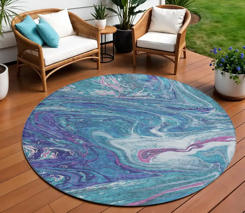 8' Teal Blue Purple And Pink Round Abstract Washable Indoor Outdoor Area Rug Photo 1