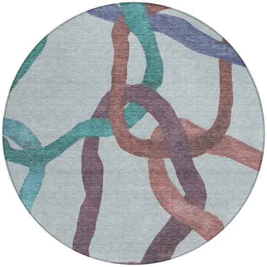 8' Teal Blue Red And Mauve Round Abstract Washable Indoor Outdoor Area Rug Photo 3