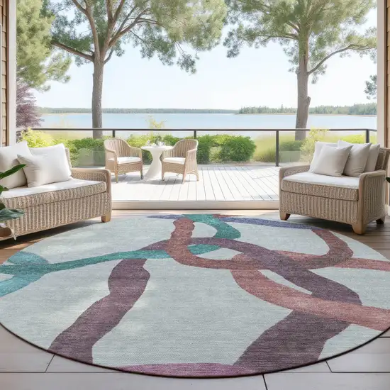 8' Teal Blue Red And Mauve Round Abstract Washable Indoor Outdoor Area Rug Photo 4