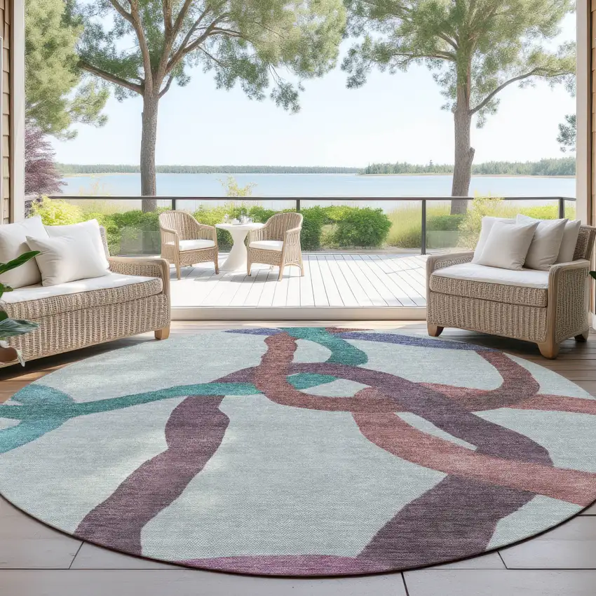 8' Teal Blue Red And Mauve Round Abstract Washable Indoor Outdoor Area Rug Photo 4