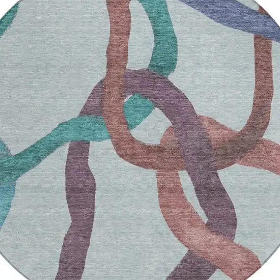 8' Teal Blue Red And Mauve Round Abstract Washable Indoor Outdoor Area Rug Photo 2