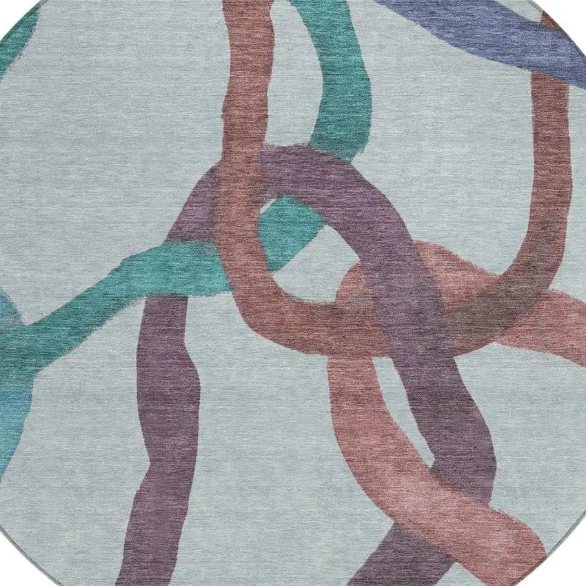 8' Teal Blue Red And Mauve Round Abstract Washable Indoor Outdoor Area Rug Photo 2