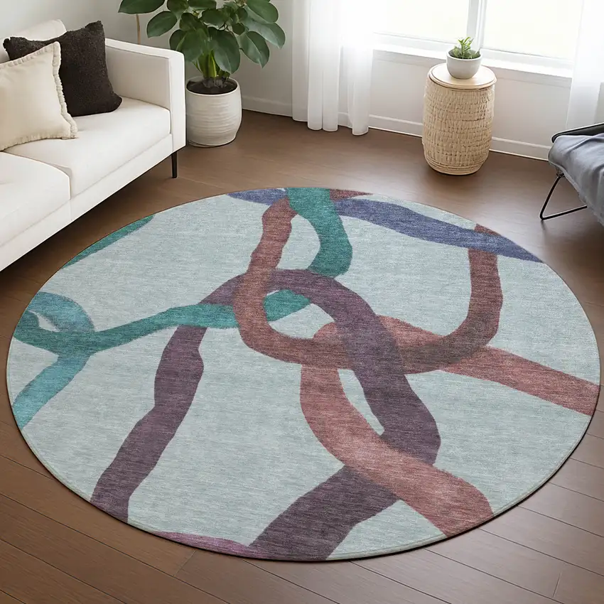 8' Teal Blue Red And Mauve Round Abstract Washable Indoor Outdoor Area Rug Photo 5