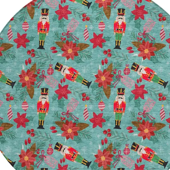 8' Teal Blue Red Black Pink And Brown Round Floral Washable Indoor Outdoor Area Rug Photo 9