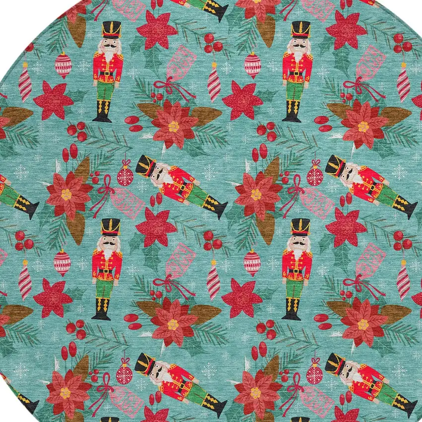 8' Teal Blue Red Black Pink And Brown Round Floral Washable Indoor Outdoor Area Rug Photo 9