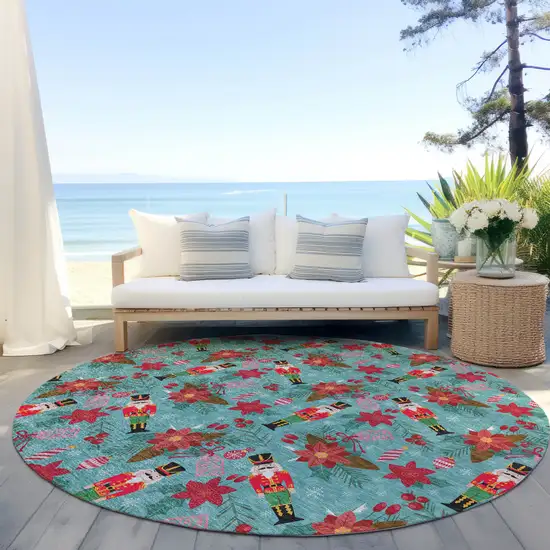 8' Teal Blue Red Black Pink And Brown Round Floral Washable Indoor Outdoor Area Rug Photo 5