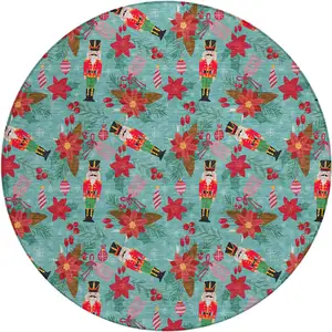 Photo of 8' Teal Blue Red Black Pink And Brown Round Floral Washable Indoor Outdoor Area Rug