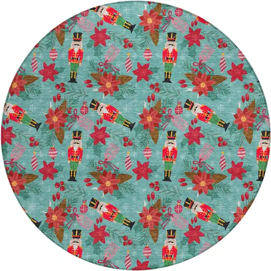 8' Teal Blue Red Black Pink And Brown Round Floral Washable Indoor Outdoor Area Rug Photo 1