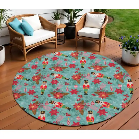 8' Teal Blue Red Black Pink And Brown Round Floral Washable Indoor Outdoor Area Rug Photo 1