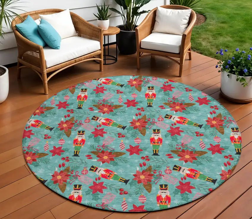 8' Teal Blue Red Black Pink And Brown Round Floral Washable Indoor Outdoor Area Rug Photo 1