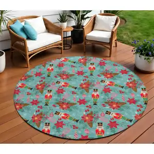 Photo of 8' Teal Blue Red Black Pink And Brown Round Floral Washable Indoor Outdoor Area Rug