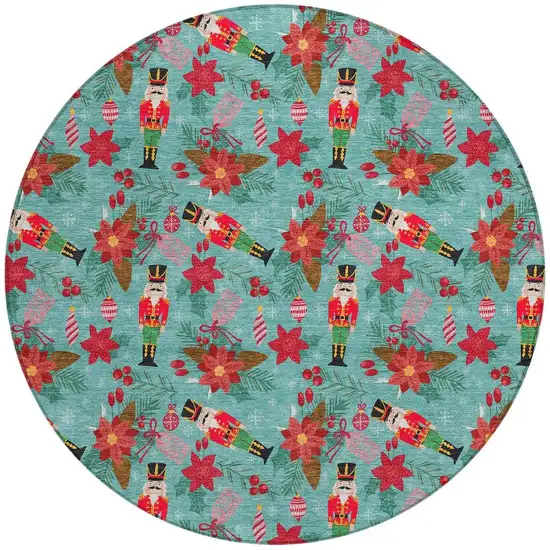 8' Teal Blue Red Black Pink And Brown Round Floral Washable Indoor Outdoor Area Rug Photo 4