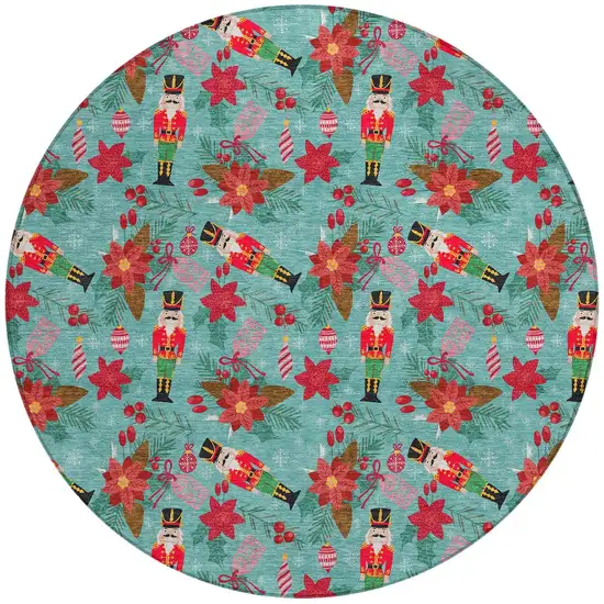 8' Teal Blue Red Black Pink And Brown Round Floral Washable Indoor Outdoor Area Rug Photo 3