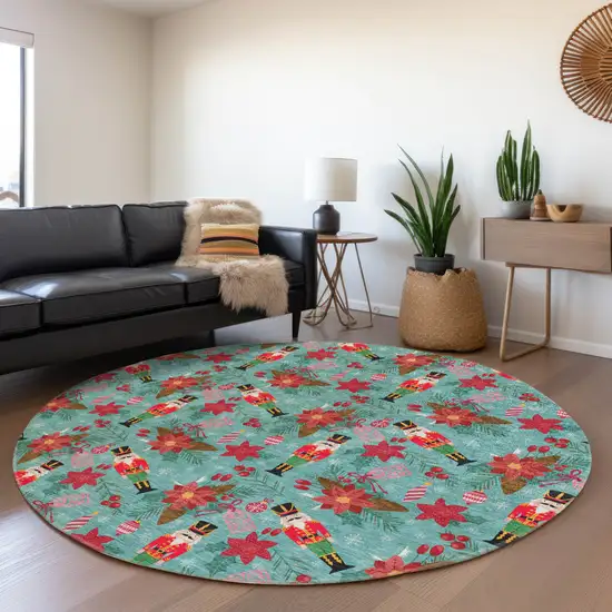 8' Teal Blue Red Black Pink And Brown Round Floral Washable Indoor Outdoor Area Rug Photo 6
