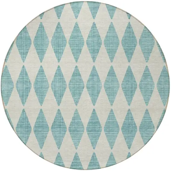 8' Teal Blue And Ivory Round Geometric Washable Indoor Outdoor Area Rug Photo 5