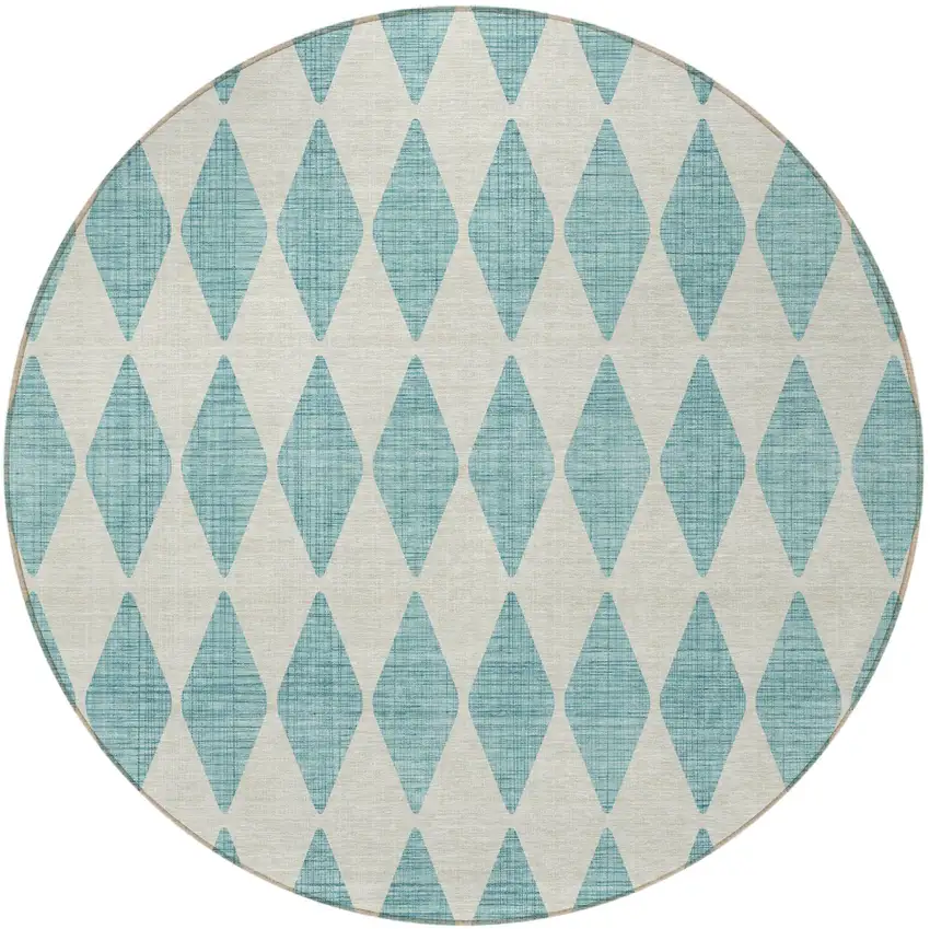 8' Teal Blue And Ivory Round Geometric Washable Indoor Outdoor Area Rug Photo 5