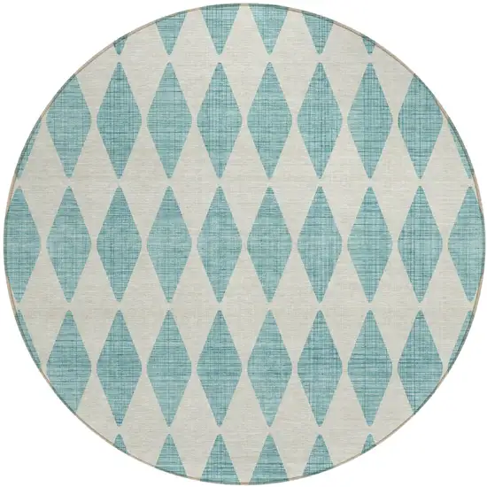 8' Teal Blue Round Geometric Washable Indoor Outdoor Area Rug Photo 1