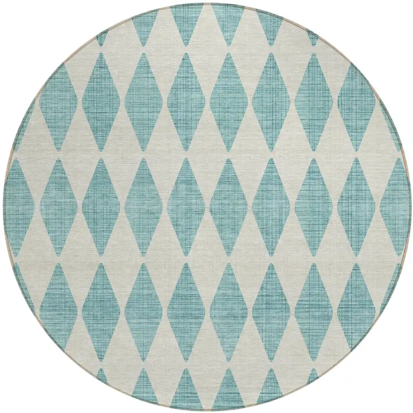 8' Teal Blue Round Geometric Washable Indoor Outdoor Area Rug Photo 1
