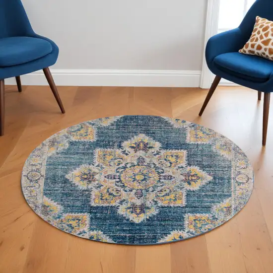 6' Yellow and Navy Medallion Power Loom Round Rug Photo 1