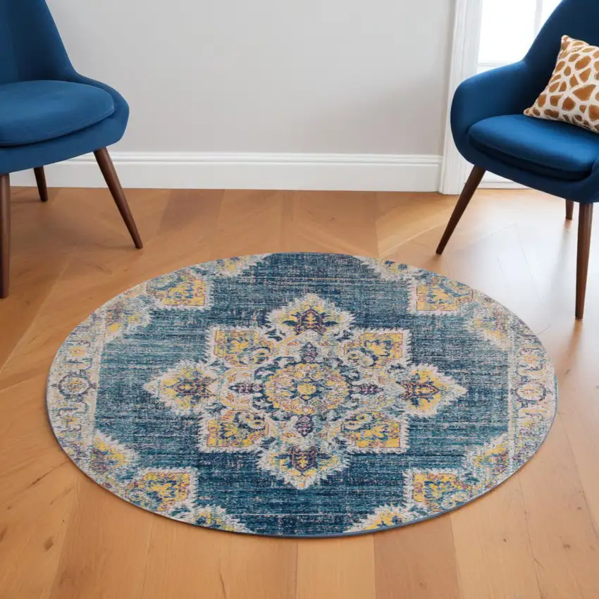 6' Yellow and Navy Medallion Power Loom Round Rug Photo 1