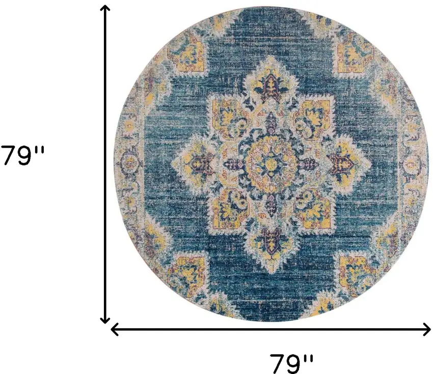 6' Teal Blue Round Medallion Power Loom Area Rug With Fringe Photo 7