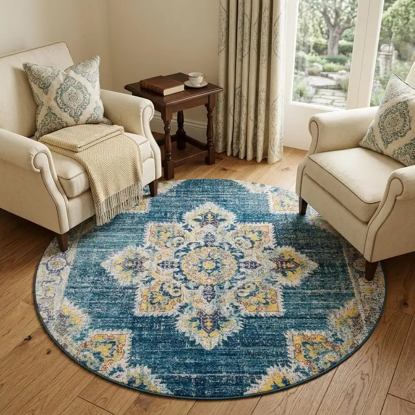 6' Blue Rust And Beige Medallion Round Rug Photo 1