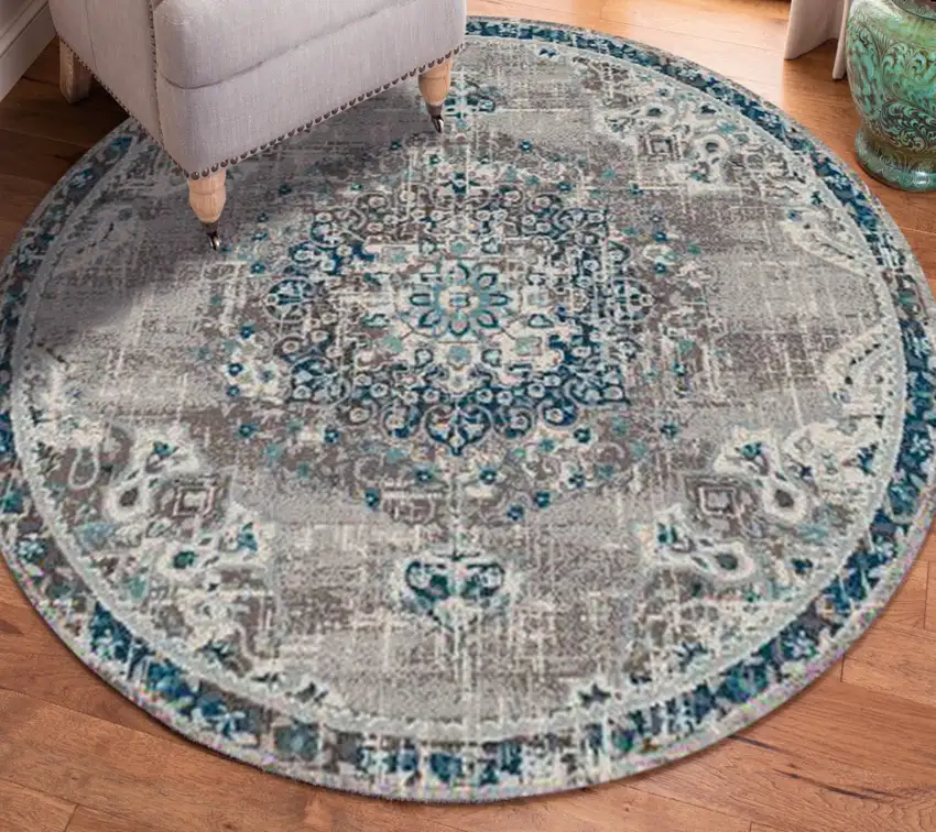 7' Teal Blue Round Medallion Power Loom Area Rug Photo 5