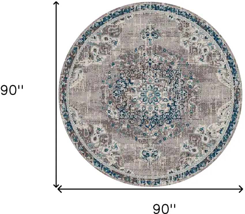 7' Teal Blue Round Medallion Power Loom Area Rug Photo 6