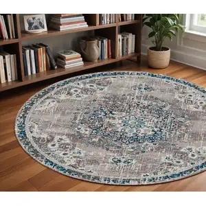 Photo of 7' Teal Blue Round Medallion Power Loom Area Rug