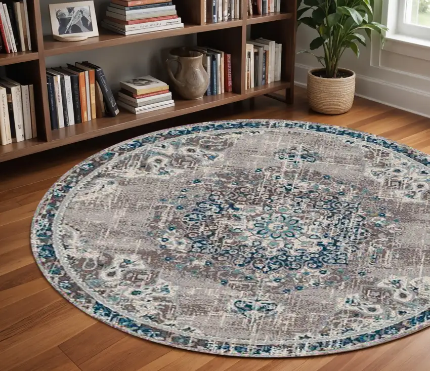 7' Teal Blue Medallion Power Loom Round Rug Photo 1