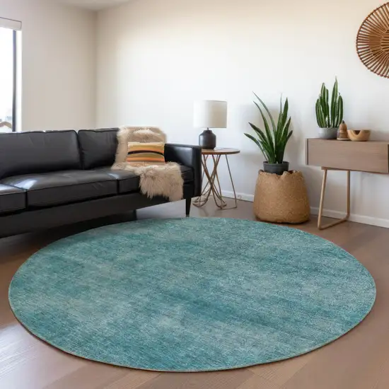 8' Teal Blue Round Washable Indoor Outdoor Area Rug Photo 7