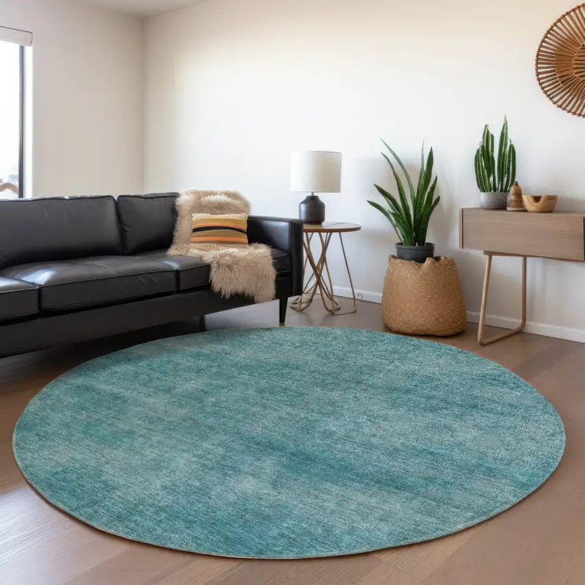 8' Teal Blue Round Washable Indoor Outdoor Area Rug Photo 7