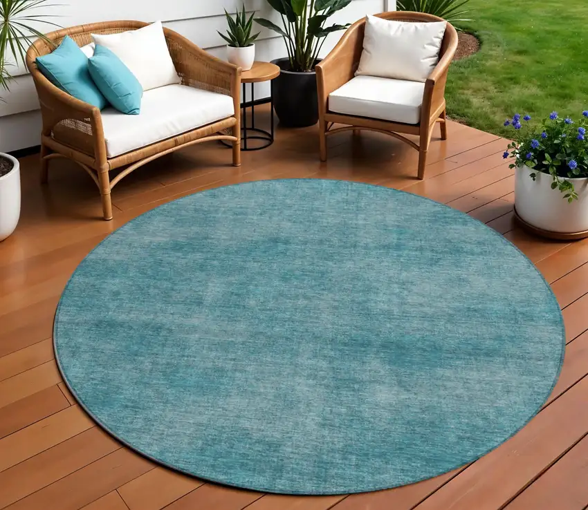 8' Teal Blue Round Washable Indoor Outdoor Area Rug Photo 1